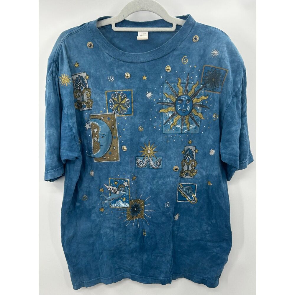 Vintage 90s Celestial Sun Moon Star Blue Tie Dye T-Shirt Graphic OS Flawed